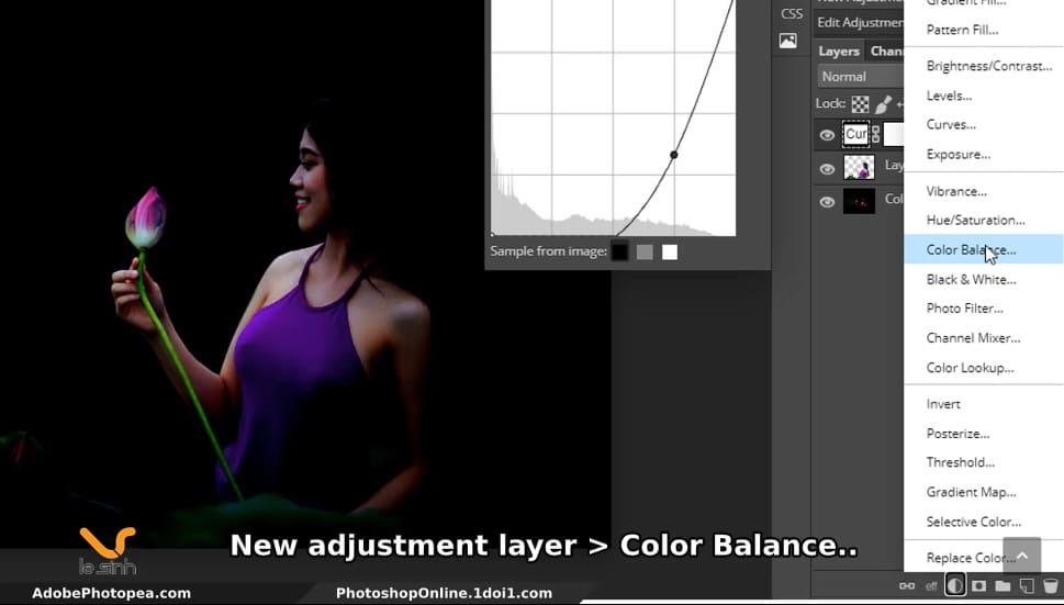 New Adjustment layer Color Balancer voi co gai Chỉnh ánh sáng trong photoshop online - tạo mảng sáng tối #7