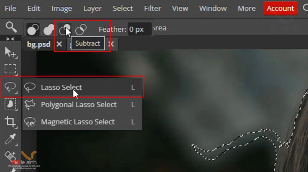 lasso select o che do subtract Tách ảnh ra khỏi nền bằng photoshop online | Photopea #17